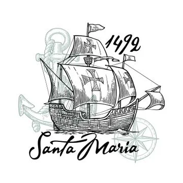 Sailing ship floating on the sea waves. Caravel Santa Maria Stock Illustration