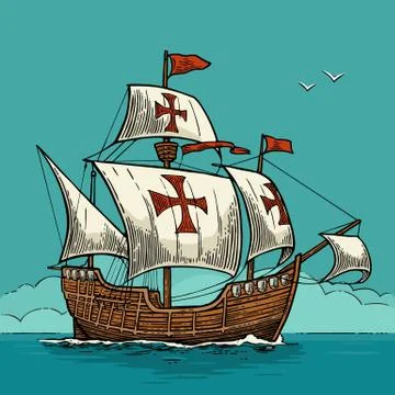 Sailing ship floating on the sea waves. Caravel Santa Maria Stock Illustration