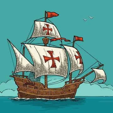 Sailing ship floating on the sea waves. Caravel Santa Maria. Stock Illustration