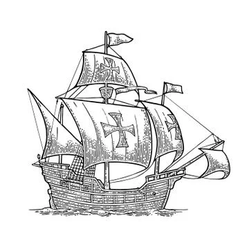 Sailing ship floating on the sea waves. Caravel Santa Maria. Illustrazione stock