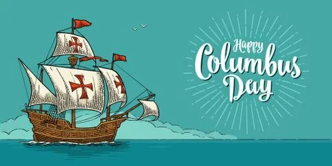 Sailing ship floating on the sea waves. Caravel Santa Maria. イラスト素材