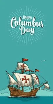 Sailing ship floating on the sea waves. Caravel Santa Maria. Stock Illustration