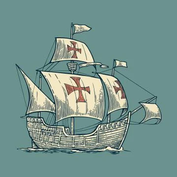 Sailing ship floating on the sea waves. 스톡 일러스트
