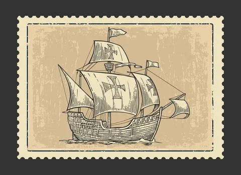 Sailing ship floating on the sea waves. 库存插图
