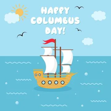 Sailing ship floating on the sea waves. Happy Columbus Day. Seascape in car.. Stock Illustration