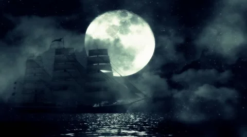 A Sailing ship on a Full Moon Night Moves Slow Between the Waves and Fog Stock Footage 59966441