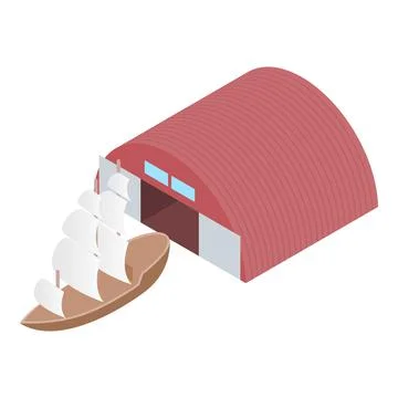 Sailing ship icon isometric vector. Old sea ship with white sail near pavilion Stock Illustration