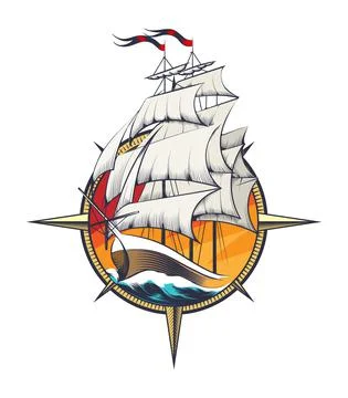 Sailing Ship Inside Wind Rose Engraving Tattoo Stock Illustration