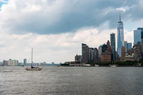 Sailing Ship with Israel flags navigating in New York City agasint Cityscape Stock Photos