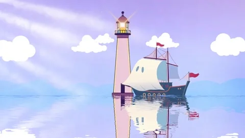 Sailing Ship &amp; Lighthouse: A Nautical Animated Background with a Gentle Breeze Video stock 304482998
