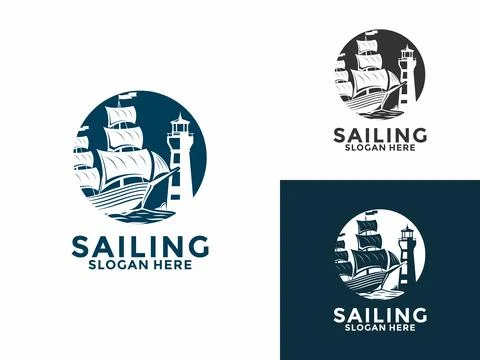 Sailing ship logo vintage vector template, Sailing Boat Marine with Lightho.. Stock Illustration