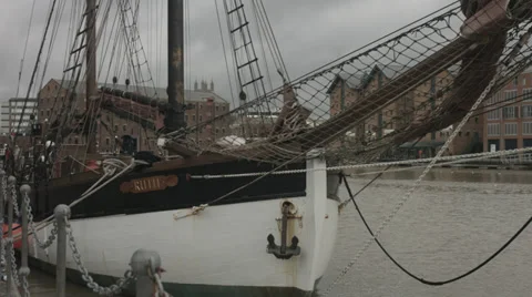 Sailing ship moored up in a dock Stock Footage 35343679