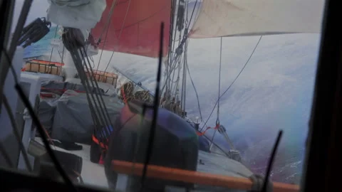 Sailing ship navigating through heavy storm waves Stock Footage 337951384