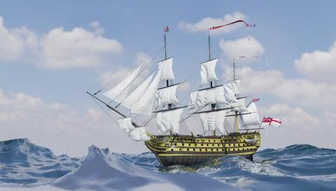 Sailing ship on ocean waves with white sails and flags, blue sky with cloud.. Stock Illustration