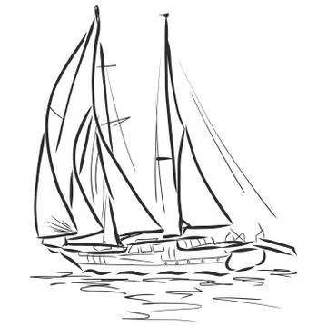 Sailing ship or boat in the ocean in ink line style. Hand sketched yacht. Mar Stock Illustration