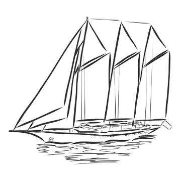Sailing ship or boat in the ocean in ink line style. Hand sketched yacht. Mar 스톡 일러스트