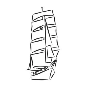 Sailing ship or boat in the ocean in ink line style. Hand sketched yacht. Mar Stock Illustration