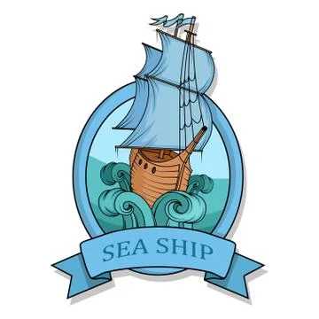 Sailing Ship. Retro Cargo Ship. Sailing ship. Sailing boat logo. Stock Illustration
