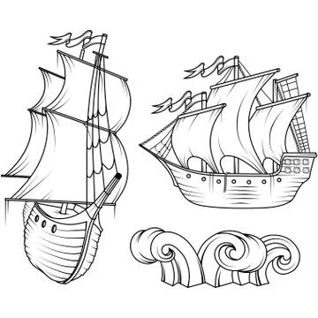 Sailing Ship. Retro Cargo Ship. Sailing ship. Sailing boat logo. Stock Illustration
