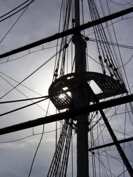 Sailing ship rigging backlit by sun Stock Photos