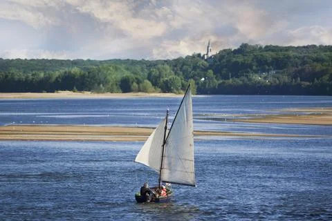 Sailing ship on the river Stock Photos