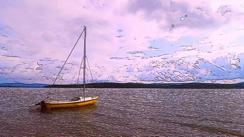 Sailing ship, sailboat, small sailing boat under spoiled sails and ropes on mast Vidéo 113823005