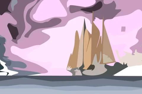 Sailing ship with sails against Stock Illustration