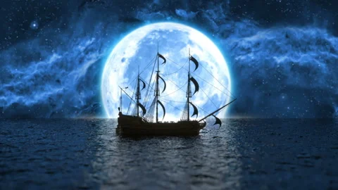 Sailing ship sails on the horizon against the backdrop of a large moon Stock Footage 155229438