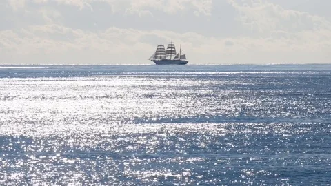 Sailing ship that sails on the horizon Stock Footage 97777242
