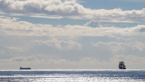 Sailing ship that sails on the horizon Stock Footage 97777753