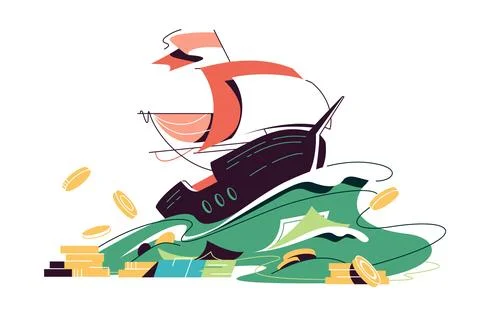 Sailing ship sails on waves of money Stock Illustration