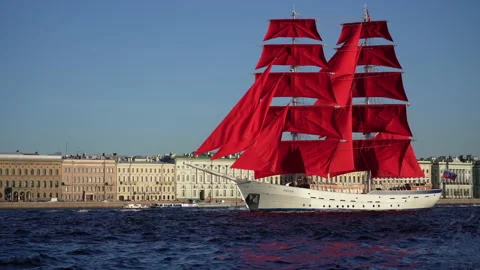 Sailing ship with scarlet sails in the Neva river Stock Footage 155182723
