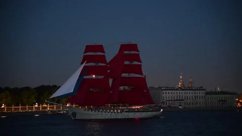 Sailing ship with scarlet sails at night Stock Footage 246111166