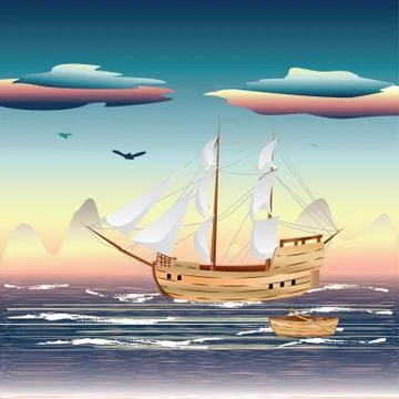 Sailing Ship on the Sea 스톡 일러스트