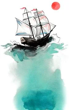Sailing ship in the sea Stock Illustration