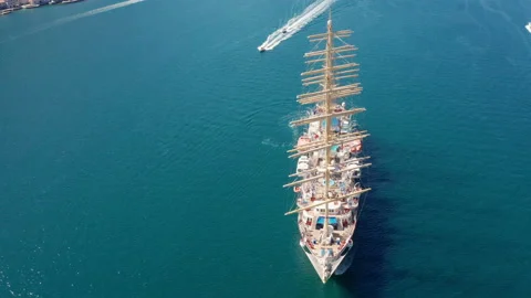 Sailing ship on the sea - old full-rigged clipper boat with five masts Stock Footage 212408204