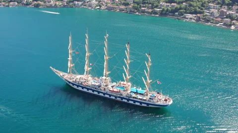 Sailing ship on the sea - old full-rigged clipper boat with five masts Stock Footage 212553084