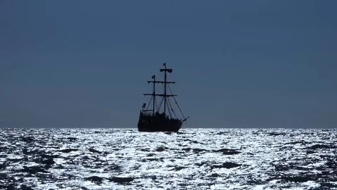 Sailing ship silhouette on sunset background Stock Footage 77518543