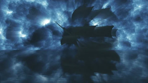 Sailing ship slowly emerging from blue glowing clouds Stock Footage 145347554