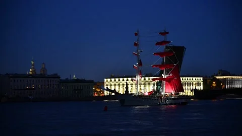 Sailing ship taking in the sails at night Video stock 246760613