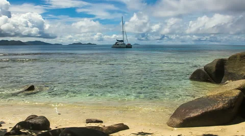 Sailing Ship at Tropical Beach // Seychelles HD Stock Footage 44126499