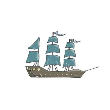 Sailing ship vector brown blue color vintage drawing ship pirate captain driv Illustrazione stock
