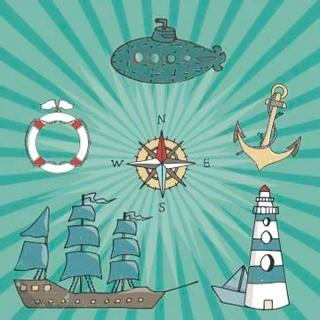 Sailing ship vector brown blue color vintage drawing ship pirate captain driv Stock Illustration