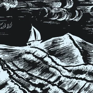 Sailing ship vector sketch swim in a storm on the big waves Stock Illustration