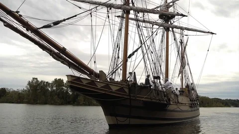 Sailing Tall-Ship, rigging, masts and giant sails. Stock-Footage 81241292