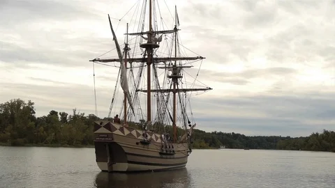 Sailing Tall-Ship, rigging, masts in river Stock Footage 81241383