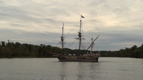Sailing Tall-Ship, rigging, masts in river Stock Footage 81241495