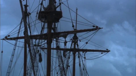 Sailing Tall-Ship, rigging, masts Rocking in storm Stock Footage 81241904