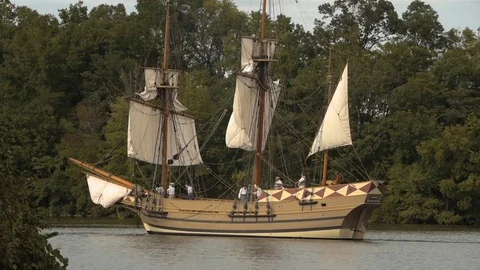 Sailing Tall-Ship, rigging, masts and giant sails. Stock Footage 81242691
