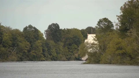 Sailing Tall-Ship, rigging, masts and giant sails on river Stock Footage 81243995